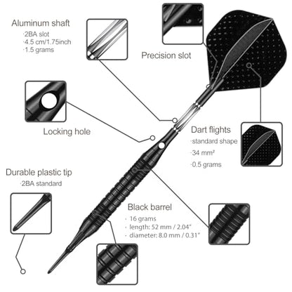 Darts Plastic Tip Set - 18g 21g Colorful Rainbow Soft Tip Darts 50 Anti-Loose O-Rings 6 Shaft (Aluminum/Nylon 45mm) 6 Durable Flights Extra 50 Soft Tips Electronic Dartboard - color: Black-DART-D