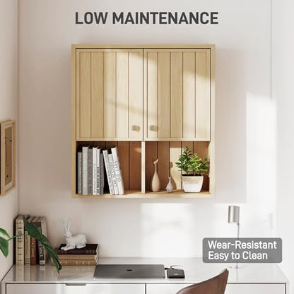 Bathroom Storage Cabinet Wall Mounted, Pre-Assembled Wood Medicine Cabinet with 2 Doors, Slim Hanging Wall Cabinet Over The Toilet for Small Spaces, Modern Farmhouse Style,Natural Oak