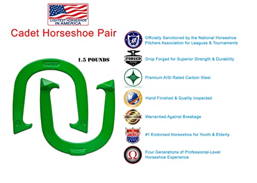 Light Weight Cadet Pitching Horseshoes - NHPA Sanctioned for Tournament Play - Drop Forged Steel - One Pair (2 Shoes) - color: Green
