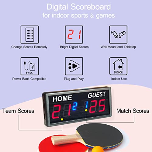 Indoor Score Keeper, Electronic Ping Pong Scoreboard with Wireless Remote Control, 6 Digits Score Unit with Round Scores 0-99 in Red and Match Scores 0-9 in Blue, Tabletop & Wall Mount