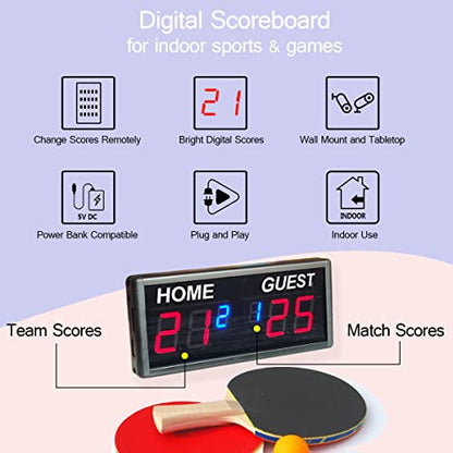 Indoor Score Keeper, Electronic Ping Pong Scoreboard with Wireless Remote Control, 6 Digits Score Unit with Round Scores 0-99 in Red and Match Scores 0-9 in Blue, Tabletop & Wall Mount