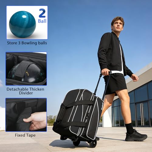 Goloni 3 Ball Bowling Bag with Wheels, 2+1 Double Roller Bowling Bag with Shoe Compartment,Tote Bag for Bowling Accessories - color: 2 Ball-Black