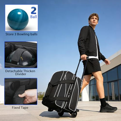 Goloni 3 Ball Bowling Bag with Wheels, 2+1 Double Roller Bowling Bag with Shoe Compartment,Tote Bag for Bowling Accessories - color: 2 Ball-Black