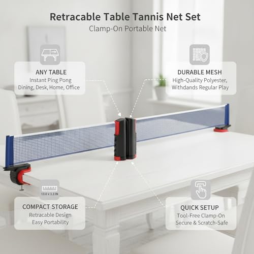 Retractable Table Tennis Net Set, Clamp-On Ping Pong Net for Standard Tables, Portable Polyester Mesh with Quick Setup - color: Black