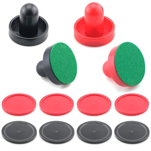 16PCS Air Hockey Pucks and Paddles Set Air Hockey Table Plastic Accessories 60mm Black Red 4 Air Push Handles 4 Flannel Pads 8 Balls