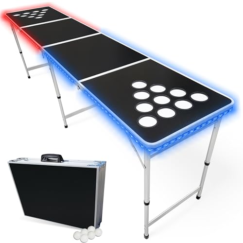 8-Foot Regulation Folding Beer Pong Table w/Beer Pong Balls & Optional Cup Holes, LED Lights, Custom Graphic (Choose Your Model) - size: Black - 8 Foot Table, style: w/ LED Lights & Cup Holes