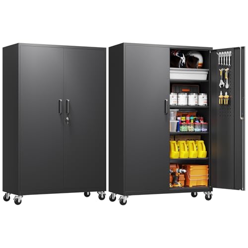 Yizosh Metal Garage Storage Cabinet with Locking Doors and Adjustable Shelves,- 71" Rolling Steel Tool Cabinet for Home Office,Garage,Warehouse - color: Black, size: 71"H x 43"W x 20"D