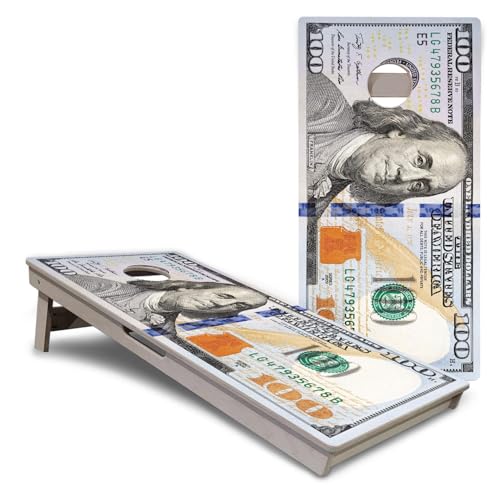 Cornhole Solutions PRO Tournament Cornhole Boards – Regulation 4ft x 2ft Professional Set – 3/4" Baltic Birch Plywood – Folding Legs, Built-in Handles – Corn Hole Game Set - color: $100 Bill