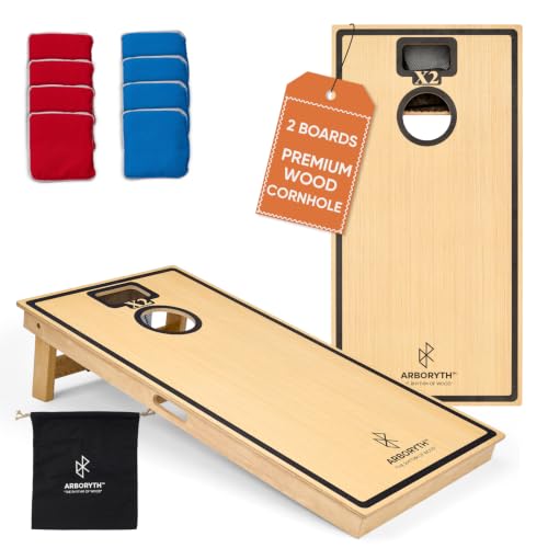Premium Regulation Cornhole Set - Two 4x2FT Double Hole Boards with Built-in Scoreboard, 1 Canvas Tote Bag & 8 Professional Gusseted Dual-Sided Red & Blue Duck Canvas/Suede Bean Bags