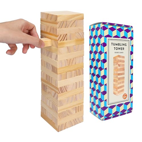 Offelec Wooden Blocks Stacking Games - 54 pcs Tumbling Tower Blocks Game for Kids & Adults, Family Board Games, Montessori Toys with Natural Wood Blocks, Portable Stacking Toys Party Games - style: Color Box