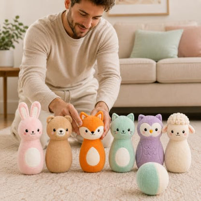 Juju Soft Bowling Set Six Animal Pins – Velour Bunny Bear Fox Cat Owl and Lamb with Weighted Bases – Soft Fabric Ball and Drawstring Storage Pouch – Indoor Active Set