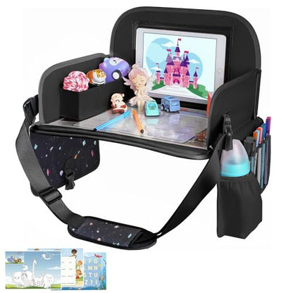 MENZOKE Kids Travel Tray, Road Trip Activities for Kids with Dry Erase Board & Cooler Cup Holder, Toddler Car Activities with No-Drop iPad Holder Stand, Roadtrip Essentials for Toddlers, Black - color: Black Astronaut