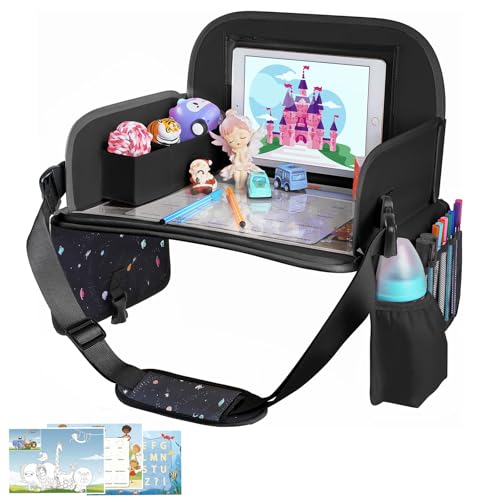 MENZOKE Kids Travel Tray, Road Trip Activities for Kids with Dry Erase Board & Cooler Cup Holder, Toddler Car Activities with No-Drop iPad Holder Stand, Roadtrip Essentials for Toddlers, Black - color: Black Astronaut