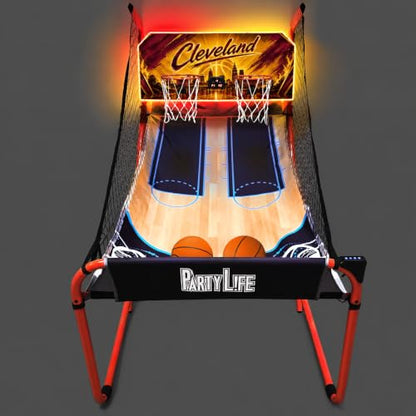 PartyLife 2-Player Basketball Arcade Game w/Optional LED Lights | Electronic Scoring | 5 Balls, 1 Pump, 8 Games | Folding Design | Heavy-Duty Steel Frame - Choose Your Model - color: CLEVELAND, style: w/ LED Lights