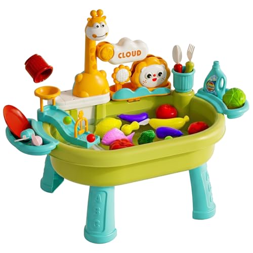 Toy Sink with Running Water, Multi-Play Toddler Water Table with Circulating Faucet, Detachable Legs, Green (4 Rechargeable AA Batteries & Screwdriver Included). - color: Green