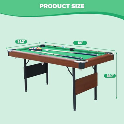Ditkoko Billiard Table, 64" Folding Pool Table with with Balls, Cues, Chalk, Brush and Triangle, Pool Table Set for Family Game Room, Adult Rrec Room, Basements, Man cave or Garage - color: Green & Brown