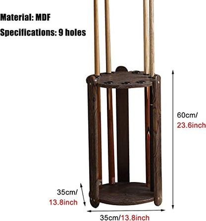 OSCCAR Freestanding Pool Cues Racks, Wooden Billiard Cue Storage Rack with Holds 9 Ball Holders, Supplies Billiard Table Rack Accessories, for Game Room