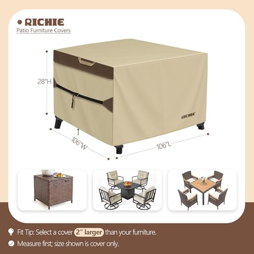 RICHIE Outdoor Patio Furniture Cover - Heavy Duty Waterproof 600D Tough Canvas Protector for Square Table Cover, All-Season Dining Table and Chair Cover (106L x 106W x 28H Inch) - size: Square-106"(L)x106"(W)