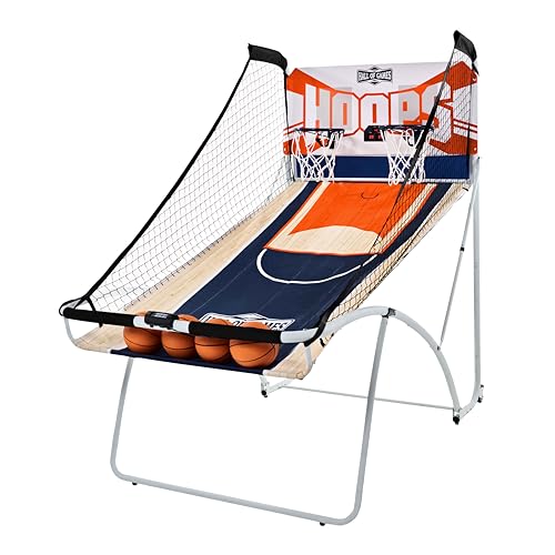 Hall of Games EZ Fold Premium Indoor Arcade Basketball Game with Steel Frame and Polycarbonate Backboard, Dual Shot Electronic Scoring with 6 Size 3 Balls Included, Perfect for Basement Game Rooms - style: EZ-Fold (Classic Dual-Shot)