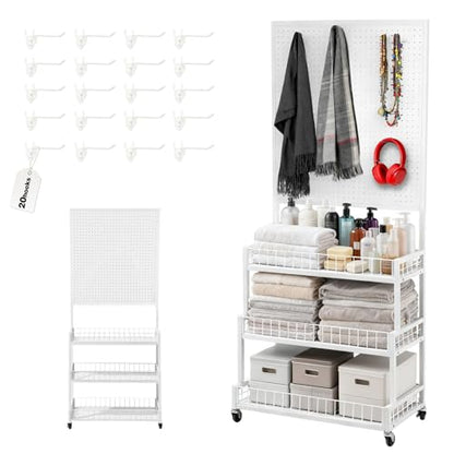Eastern Tree 3 Tiers Metal Pegboard Display Stand with Pegboard Panel, Standing Pegboard Display Rack, Peg Board Panels, Art Display and Retail Display Stand with 20 Hooks - White - color: White