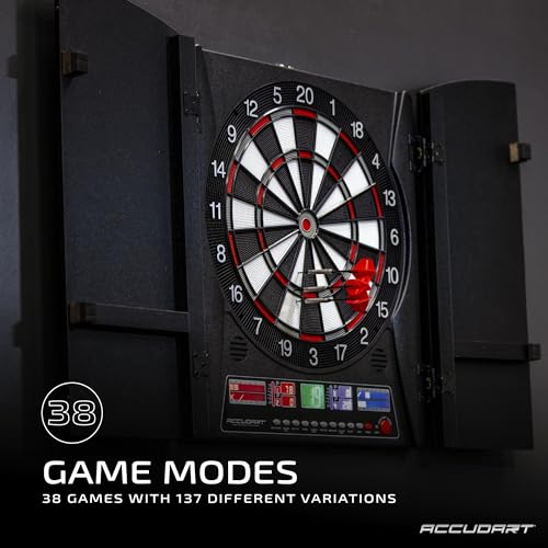 Accudart Apollo Electronic Dartboard Cabinet – 38 Games, 137 Variations, Virtual Opponent, Backlit Scoring, Cricket X/O Displays, Black Woodgrain Doors – Includes Soft‑Tip Darts