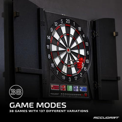 Accudart Apollo Electronic Dartboard Cabinet – 38 Games, 137 Variations, Virtual Opponent, Backlit Scoring, Cricket X/O Displays, Black Woodgrain Doors – Includes Soft‑Tip Darts