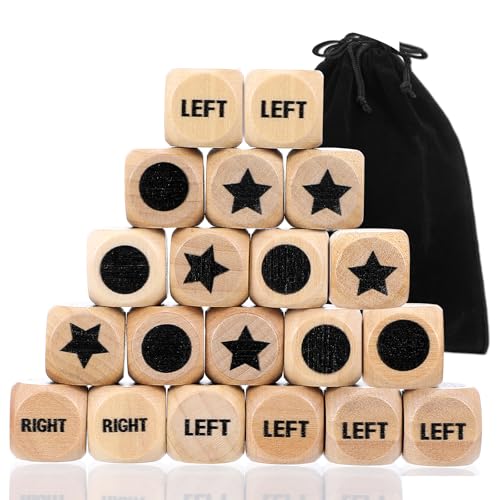 15 Pcs Left Right Center Game Dice 16mm Wooden Dice with Drawstring Bag Standard Size 6 Sided for Left Right Center Game Dices Accessorie Family Indoor Outdoor Travel Easy to Store and Carry