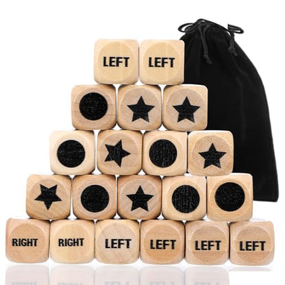 15 Pcs Left Right Center Game Dice 16mm Wooden Dice with Drawstring Bag Standard Size 6 Sided for Left Right Center Game Dices Accessorie Family Indoor Outdoor Travel Easy to Store and Carry