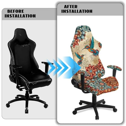 Hummingbird Print Gaming Chair Seat Covers Bohemian Flower Print Game Chair Cover with Armrest Covers Skin Friendly Soft Elastic - color: Brown - Hummingbird Bohemian Flower