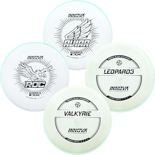 Gotta Go Gotta Throw Inc. INNOVA Glow Disc Golf Starter Set – 140-180g – New Proto Glow Plastics – PDGA Approved Set – Includes Bag - color: 4 Disc Set