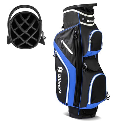 ULTIMATE Golf Cart Bag with 14-Way Top Dividers, Golf Club Bag w/ 9 Pockets incl. Cooler Bag, Rain Hood/Dust Cover, Detachable Shoulder Strap & Carry Handles, Lightweight for Men & Women - color: Blue
