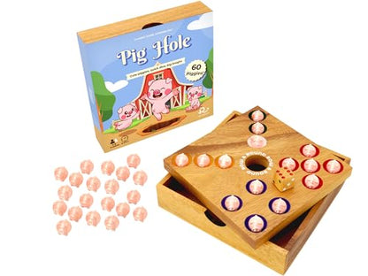 Row & Round Wooden Pig Hole Boardgame – Classic Wood Game for Party Gathering Tabletop Dice Games with Solid Board with PLA Satin 60 Piggies for Table or Outdoor & Indoor 7.28x7.28x1.57 Inch