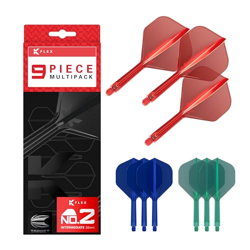 Target Darts K-Flex Integrated Dart Flights and Shafts, Kflex 9 Pack Bundle, Multipack - K Flex 3 Colours | Black, White, Clear, Red, Green, Blue, Pink, Orange, Yellow | Short, Intermediate, Medium - color: Red, Blue & Green, size: Intermediate Stem (26mm
