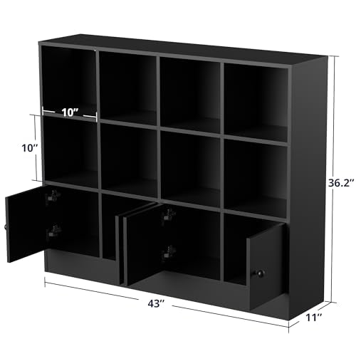 Cozy Castle Black Wood Bookcase, 12 Cube Display Shelf with 4 Doors, 3 Tier Open Bookshelf with Adjustable Shelves for Living Room, Home Office, Entryway - color: Black