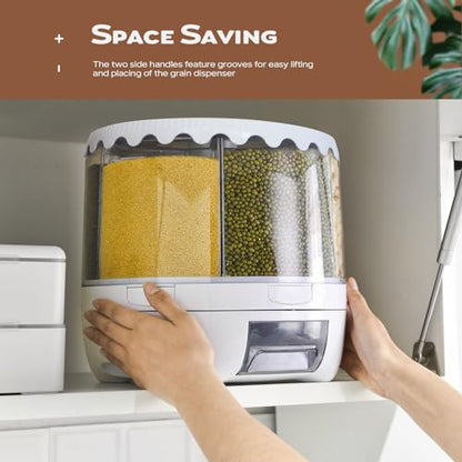 Grain Dispenser, 360° Rotating Storage Container, 6 Grid Food Dispenser with Storage Sealed Lid, Rice Dispenser for Kitchen Grains, Beans, Rice - size: M-2026 NEW