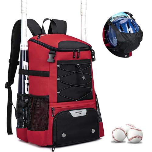 KAVIGOR Baseball Bag for Youth and Adult, Softball Backpack 40L Large Capacity, Bat Backpack with Shoes Compartment and Hidden Helmet Holder - color: Red