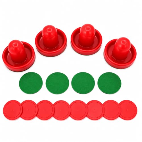 2 Sets Air Hockey Pusher and Puck Replacement Parts 60mm Red Striker Handles with Felt Pads and 51mm Red Round Pucks Air Hockey Table Accessories Plastic Mallet Goal Shooter Kit for Game Tables