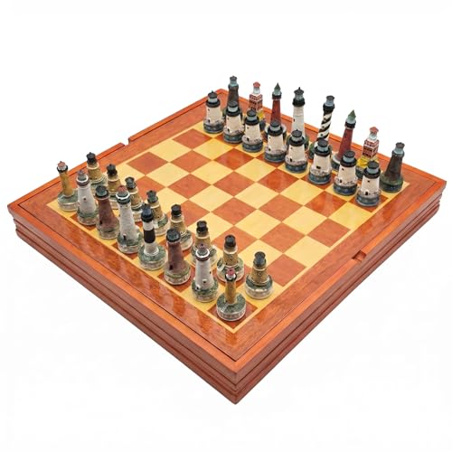 Lighthouse Themed Collectible Chess Set with Wooden Storage Board, Complete 32 Piece Hand Painted Resin Lighthouse Chess Pieces, Nautical Coastal Decor Chess Board Game Set for Adults Gift