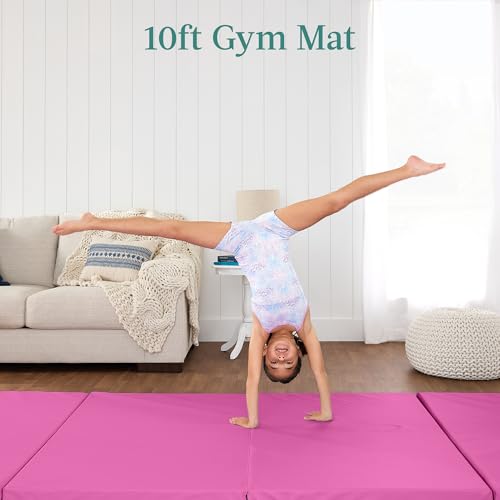 Best Choice Products 10ftx4ftx2in Folding Gym Mat 4-Panel Exercise Gymnastics Aerobics Workout Fitness Floor Mats w/Carrying Handles - color: Pink w/Beam