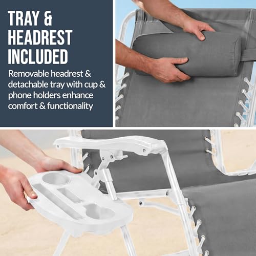 Best Choice Products Set of 2 Extra Wide Adjustable Steel Mesh Zero Gravity Lounge Chair Recliners w/Pillows and Cup Holder Trays - Ice Gray/White - color: Ice Gray/White, size: Oversized Extra Wide