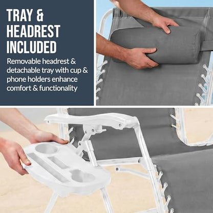 Best Choice Products Set of 2 Extra Wide Adjustable Steel Mesh Zero Gravity Lounge Chair Recliners w/Pillows and Cup Holder Trays - Ice Gray/White - color: Ice Gray/White, size: Oversized Extra Wide