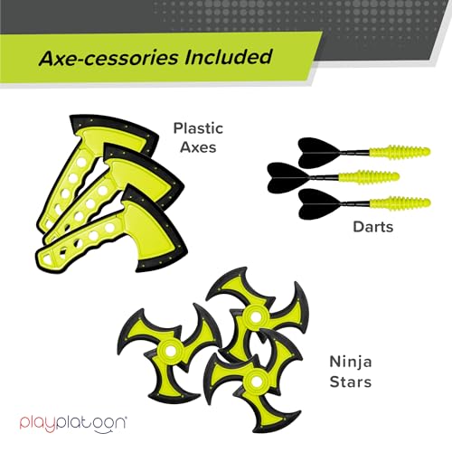 Play Platoon Kids Axe Throwing Game for Backyard, Ax Throwing Game Set for Adults and Kids - 3 Plastic Toy Hatchets, Ninja Stars, and Darts, Bristle Dart Board Indoor Outdoor Fun