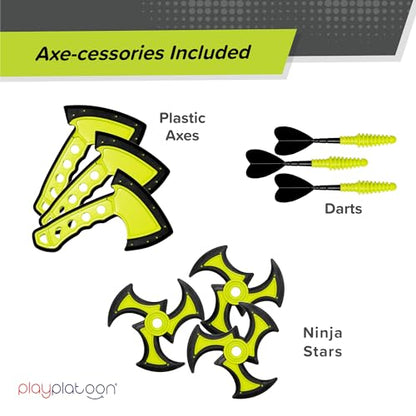 Play Platoon Kids Axe Throwing Game for Backyard, Ax Throwing Game Set for Adults and Kids - 3 Plastic Toy Hatchets, Ninja Stars, and Darts, Bristle Dart Board Indoor Outdoor Fun