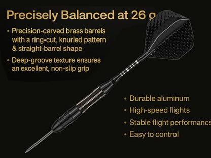 Steel Tip Darts Set for Dartboard, Professional Brass Darts Metal Tip Black Purple Aluminium Nylon Shafts 9 Flights 50 Rubber O-Rings 12 Spring Rings 1 Dart Sharpener Tool 24/27 Grams - color: 26 grams---Black