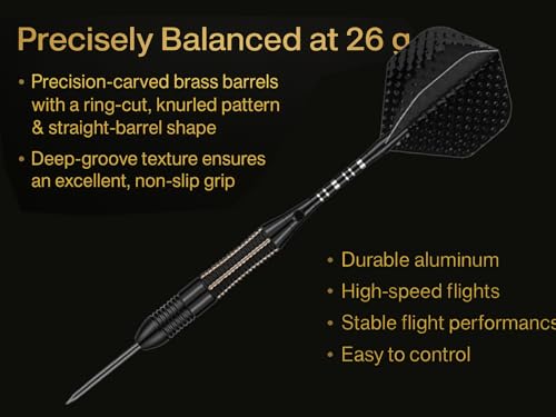 Steel Tip Darts Set for Dartboard, Professional Brass Darts Metal Tip Black Purple Aluminium Nylon Shafts 9 Flights 50 Rubber O-Rings 12 Spring Rings 1 Dart Sharpener Tool 24/27 Grams - color: 26 grams---Black