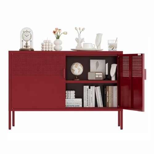 Metal Storage Cabinet,2 Door TV Stand, Metal Mesh Accent Cabinet,Magnetic Door Closure,Low Storage Cabinets with Doors and Shelves - color: Red, size: 25"H
