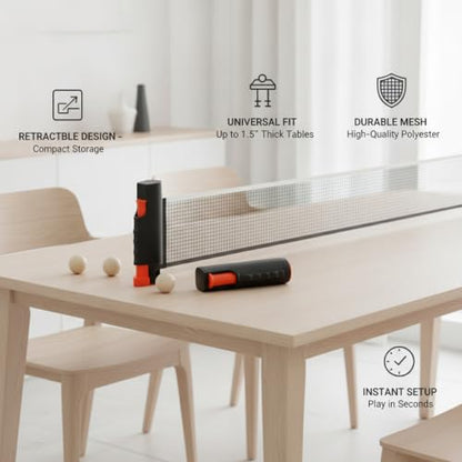 Retractable Table Tennis Net and Post Set with Balls, Portable Polyester Mesh for Standard Tables up to 1.5 Inches Thick