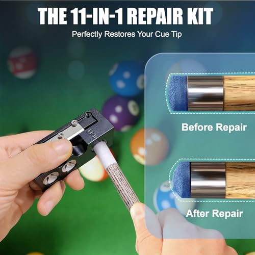 Billiards Pool Cue Tip Shaper, 11-in-1 Pool Stick Tips Replacement Kit, Billiards Accessories Tool, Table Accessories for Repair and Shaping Cue Tips (Aluminum)