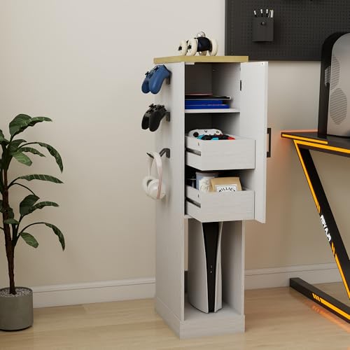 RASOO Media Cabinet, AV Media Stand Game Console Stand with Drawers Inside Media Audio Tower Rack with Hooks，Game Storage Cabinet for PS5 and Xbox