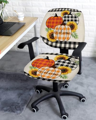 Savannan Office Chair Cover, Retro Thanksgiving Pumpkin Sunflowers Protective Stretch Elastic Universal Cover for Desk Task Chair,Computer Rotating Chair 1 Pcs Black Orange Plaid